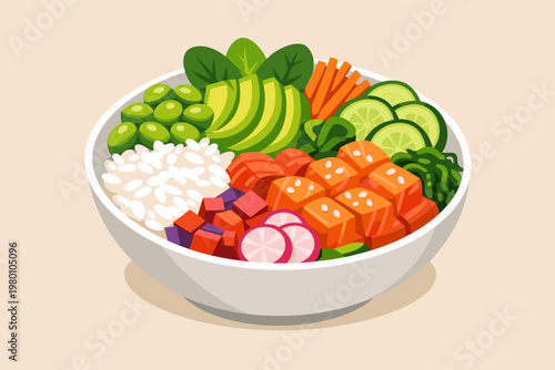 Healthy Poke Bowl Illustration with Fresh Salmon Cubes, Rice, Avocado Slices, Edamame, Carrots, Cucumber, and Radish, Simple Flat Vector Art for Nutritious Meal Concept and Food Menu Design.