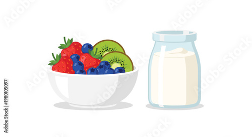 Fresh bowl of sliced strawberries blueberries and kiwi fruit sits beside a glass jar of thick creamy yogurt in a bright minimalist kitchen setting today.