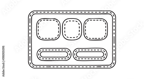 Outline of a rectangular tray with dashed line compartments for organizing items