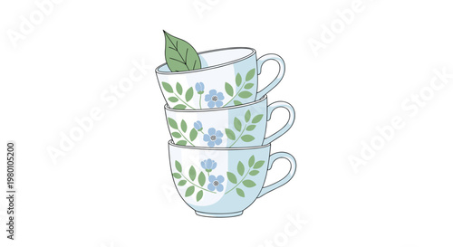 Three delicate floral teacups are stacked vertically with a single fresh green leaf inside the top cup in a bright clean studio setting with soft light.