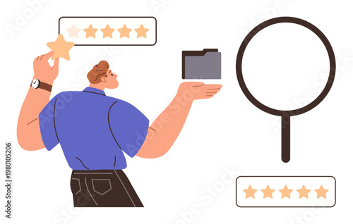 Customer feedback, data organization, quality assurance, online reviews, content curation, search optimization. Person holding a folder and star near rating and search icons. Customer feedback