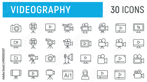 30 flat design videography icons set for media production and film editing tools