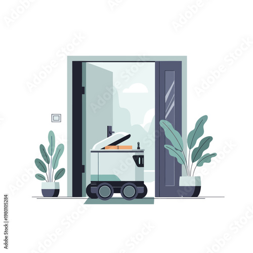 Autonomous delivery robot arriving at a doorstep with a package.