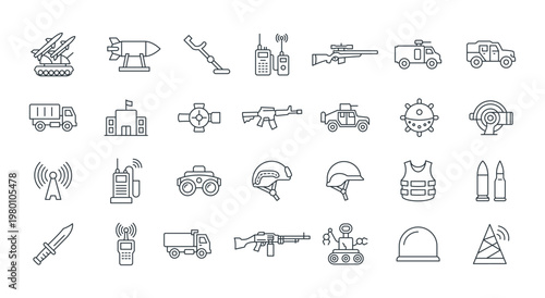 Various weapons, trucks, networks, missiles, and other military equipment used in war