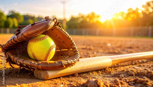 Yellow softball resting inside leather catcher mitt on dirt field with wooden bat during golden sunset hour