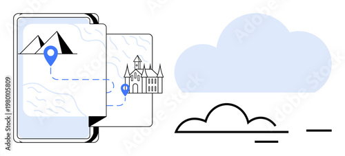 Tourism, travel planning, cloud storage, location tracking, digital connectivity, online navigation. Digital map with travel routes and location pin on a smartphone screen. Travel planning