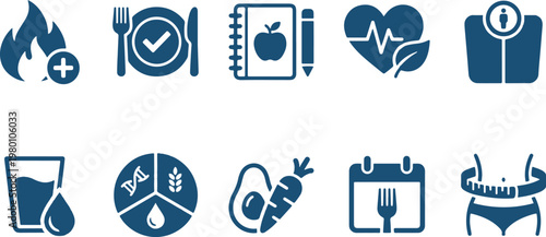 A collection of blue icons related to health and nutrition