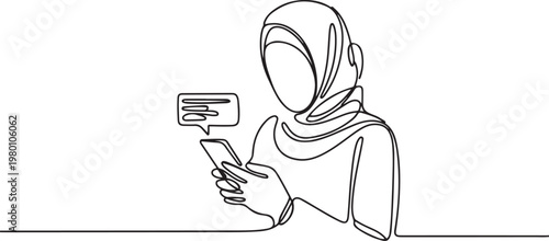 muslim young female wearing a hijab, holding a mobile phone with message popup symbolizing modern technology use and attention to detail. one line art icon drawing vector