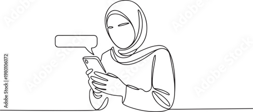 muslim young female wearing a hijab, holding a mobile phone with message popup symbolizing modern technology use and attention to detail. one line art icon drawing vector