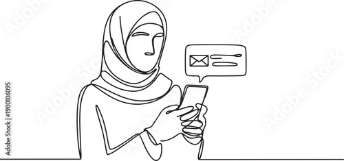 muslim young female wearing a hijab, holding a mobile phone with message popup symbolizing modern technology use and attention to detail. one line art icon drawing vector