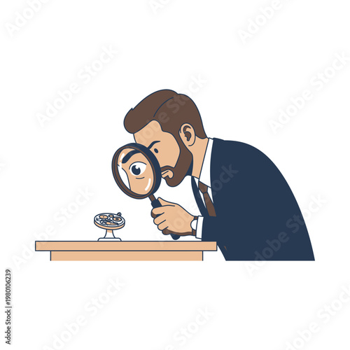 Businessman Examines Small Object Closely.