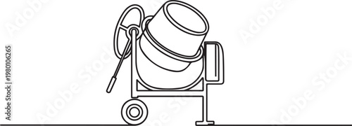 Portable concrete mixer, Electric Concrete Mixer, Cement Hand Mixer. one line art icon drawing vector
