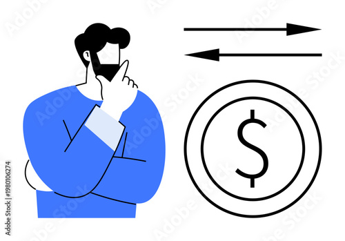 Financial planning, money management, economic decisions, currency exchange, investment ideas, personal finance strategies. A person thinking, with a dollar symbol and arrows. Financial planning