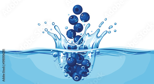 Blueberries tumble into clear water causing a dynamic splash with sparkling droplets suspended in the air against a clean and bright white background area.
