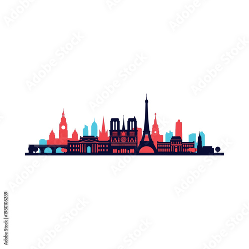 City skyline with famous landmarks silhouette.