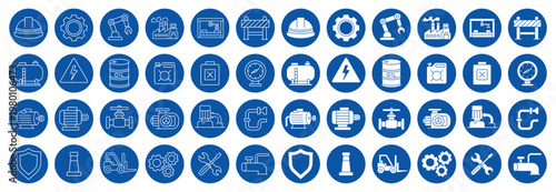 Blue Circular Icons Set Featuring Engineering and Construction Elements