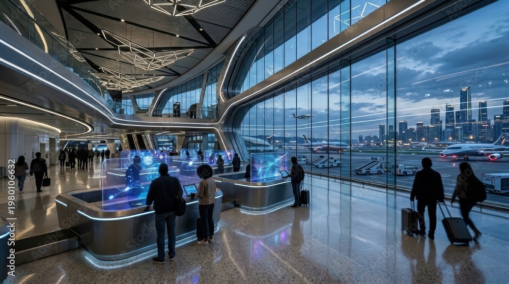 Fototapeta premium Modern Airport Interior: A stunning interior shot of a contemporary airport terminal, featuring sleek design, expansive windows, and a panoramic view of the bustling airfield and city skyline.