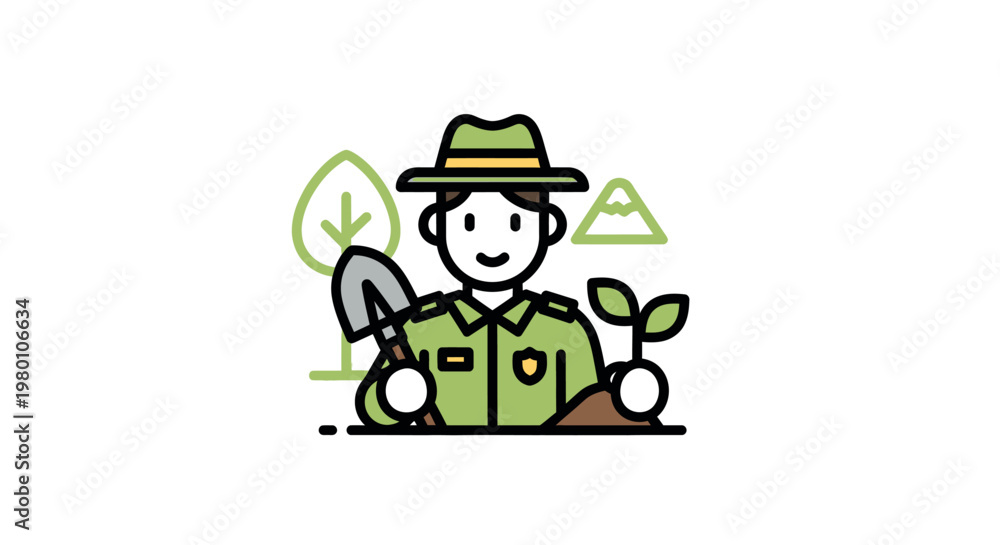 Obraz premium Cartoon gardener with green hat.