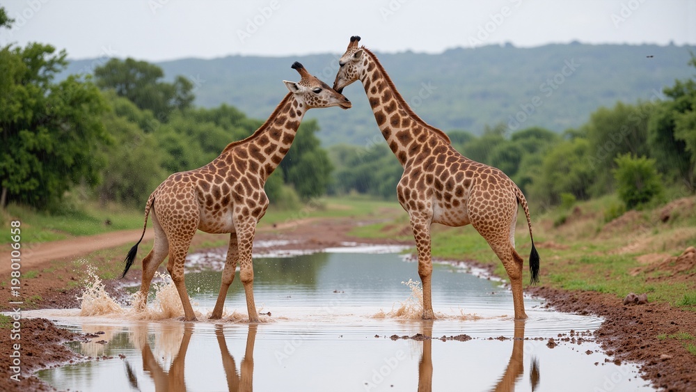 Fototapeta premium Two Male Giraffes Establishing Hierarchy on a Rainy South African Road