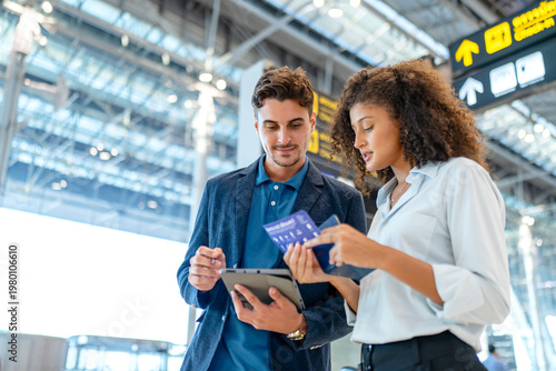 Couple checking travel documents and tablet at airport terminal