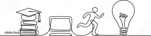 Continuous line drawing of online knowledge, learning, education, teaching, physical education, student life. one line art icon drawing vector