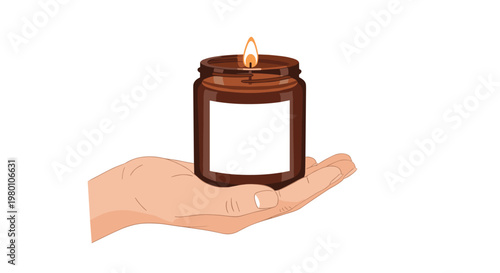 A steady hand cradles a dark brown glass candle container featuring a blank white label and a bright flickering flame in a clean and minimalist environment.