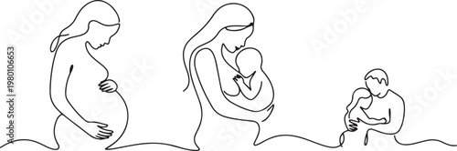 Continuous line drawing of pregnancy, motherhood, preparation for childbirth, family, expectation of a child. one line art icon drawing vector