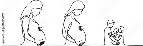 Continuous line drawing of pregnancy, motherhood, preparation for childbirth, family, expectation of a child. one line art icon drawing vector