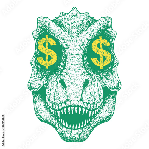 T-Rex Dinosaur Head with Dollar Signs in Eyes Vintage Stipple Art Style Illustration