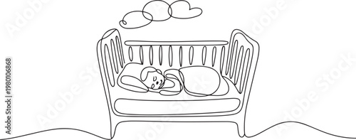 Continuous line drawing of childhood, safety, protection, crib, children s sleep, sleep, relaxation, recreation. one line art icon drawing vector
