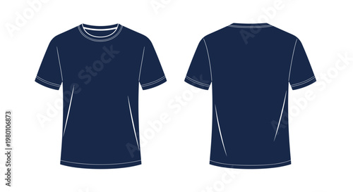 A plain navy blue t-shirt is displayed in both front and back views as a clean vector template against a neutral grey background for apparel branding.