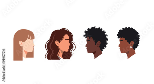 Four distinct female profiles with varied hair textures and lengths are rendered in a clean flat minimalist illustration style against a white background.