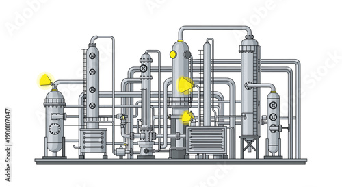 The complex chemical processing plant displays towering distillation columns and interconnected silver pipes illuminated by bright yellow warning signal lights.