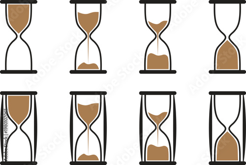 Hourglass sand timer vector icon set. Ancient clock instruments for time management and deadline measurement isolated on transparent background. Traditional sandglass design elements for countdown.