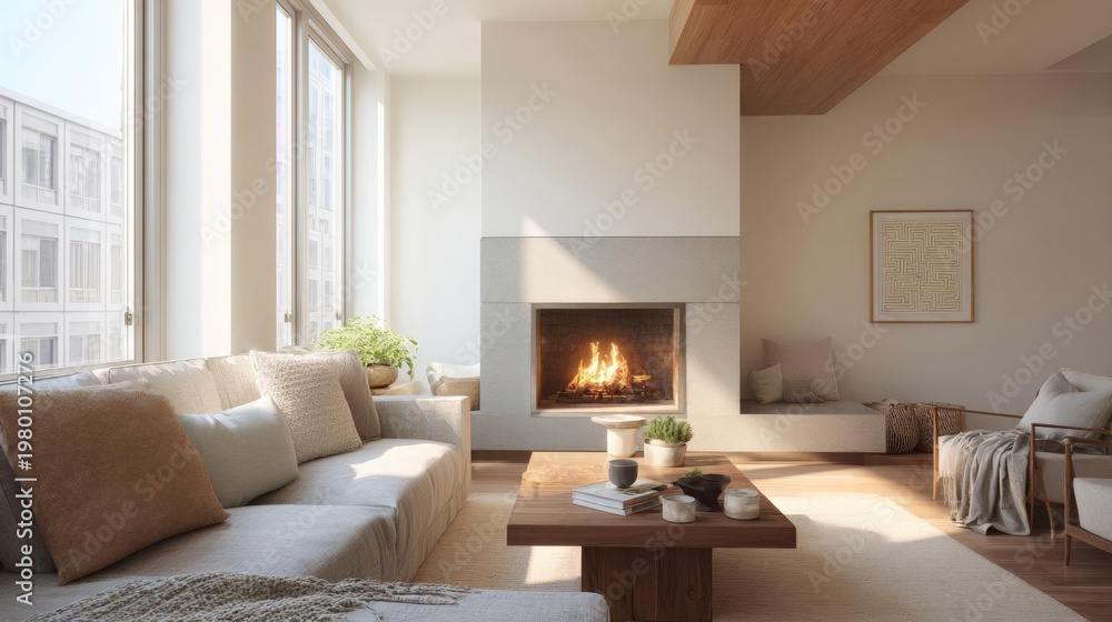 Obraz premium Modern living room with a large window on the left side. the window has a view of a city skyline. the room has a high ceiling with wooden beams and white walls.