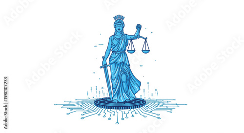 The blue line-art illustration of Lady Justice holding scales and a sword stands firmly on a digital circuit board base representing legal technology.