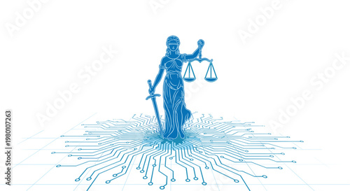 The iconic Lady Justice statue stands firmly upon a glowing blue digital circuit board pattern within a pristine white environment featuring cool neon tones.
