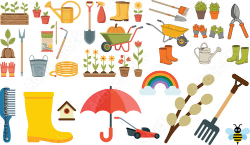 Gardening tools and spring elements collection flat vector illustration for garden and farming design