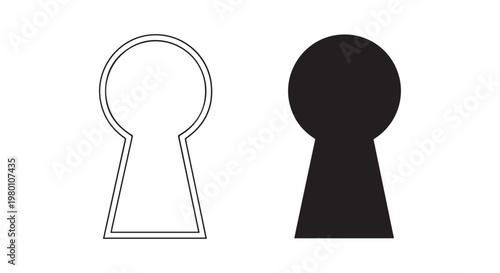 Outline and solid silhouette of keyhole shape, symbol for access or mystery, white background.