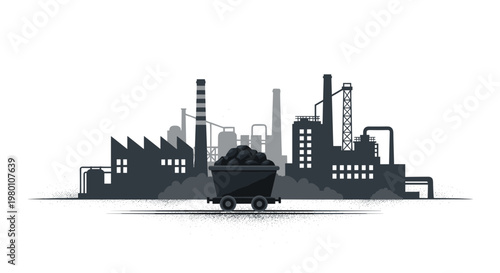 A dark silhouette of a massive industrial factory complex looms behind a small coal cart within a stark white environment featuring deep gray monochromatic tones.