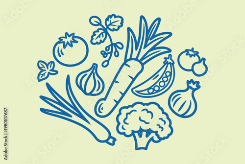 Round arrangement of blue line art vegetables on light yellow background