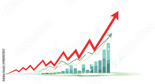 A prominent red arrow and a secondary green arrow rise sharply over a cluster of green bar charts on a clean and bright minimalist white studio backdrop.