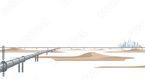 A continuous industrial pipeline elevated on concrete supports traverses a vast sandy desert landscape leading toward a distant modern city skyline profile.