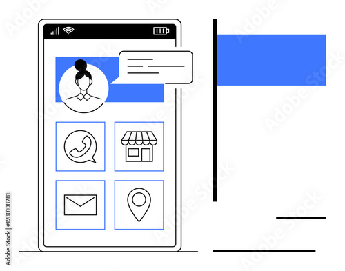 Business communication, location services, user interface design, mobile technology, online platforms, navigation support. A smartphone with six icons for contact, map and store. Business