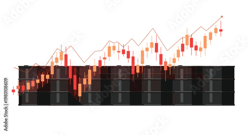 Dark metallic industrial oil barrels support a rising financial candlestick chart with vibrant red and orange glowing trends against a pristine white backdrop.