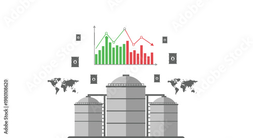 A gray industrial oil storage facility is depicted with a financial trend graph, world map icons, and oil barrel symbols floating above the main structure.