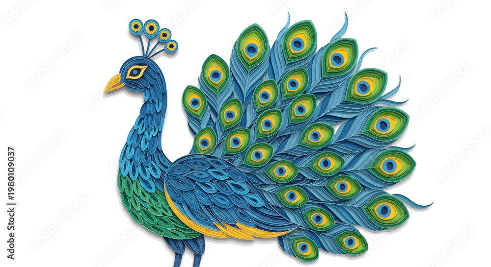 Fototapeta premium Quilled Peacock Displaying Vibrant Blue and Green Feathered Tail