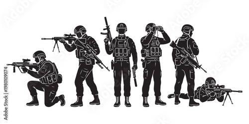 Military soldier silhouettes set, tactical special forces infantry with rifles and gear, black army commando vector illustrations for war games