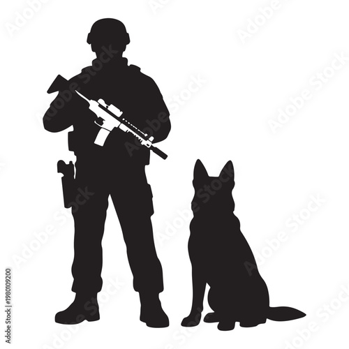 Military soldier silhouette with k9 service dog, tactical special forces operator with rifle and german shepherd, police officer and canine unit vector