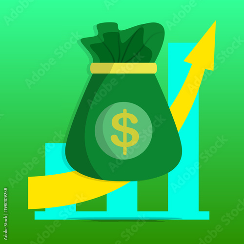 Financial growth concept with a green dollar money bag and a rising yellow arrow over a bar chart. Flat vector illustration for business and investment.